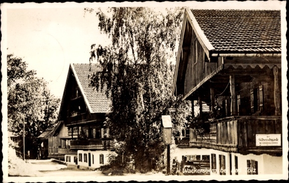 Postcard Wackersberg in Upper Bavaria, traditional wooden architecture, trees, quiet surroundings, from the 50s