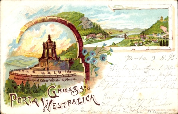 Ansichtkaart Porta Westfalica aan de Weser, Kaiser Wilhelm monument, kleurrijke illustratie, brug, bloemen