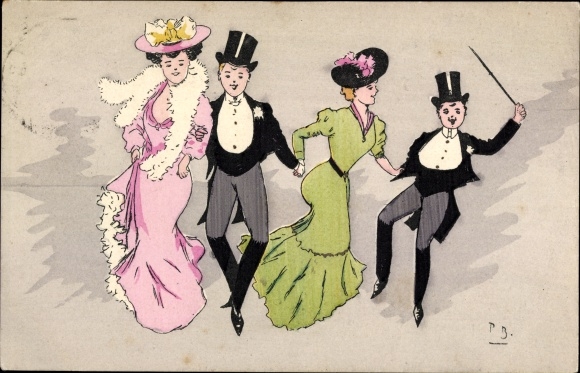 Artist Postcard Elegant ladies and gentlemen, tails, hats