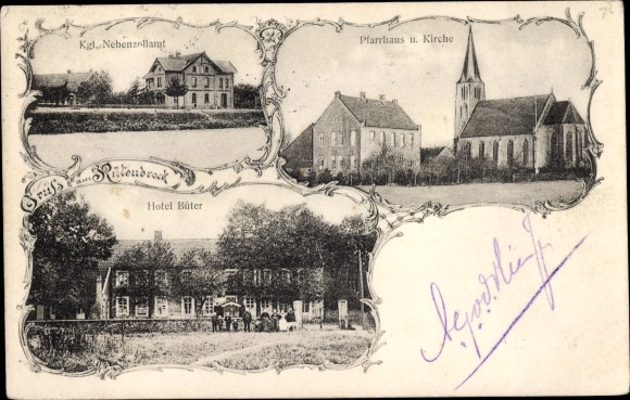 Ak Rütenbrock Haren im Emsland, Pfarrhaus und Kirche, Königl. Nebenzollamt, Hotel Büter