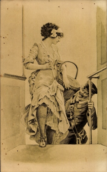 Postcard woman in erotic clothing, conductor