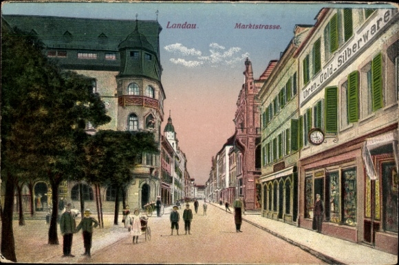 Postcard Landau in der Pfalz, Marktstraße, people on the street, shops, trees
