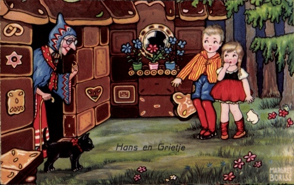 Kunstenaarskaart Boriss, M., Hans en Grietje, heks, zwarte kat, peperkoek