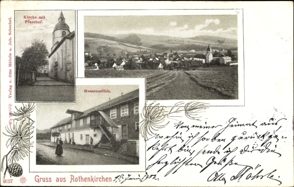 Ak Rothenkirchen Pressig in Opper-Franken, kerk, pastorie, Hessenmühle, panorama
