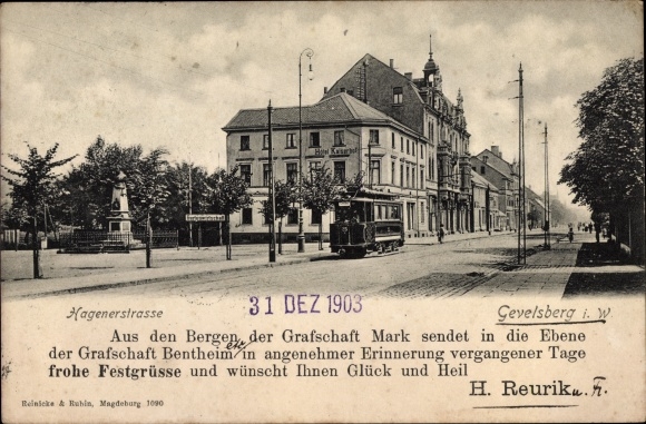 Ak Gevelsberg in het Ruhrgebied, Hagenerstraße, tram, oorlogsmonument, Hotel Kaiserhof