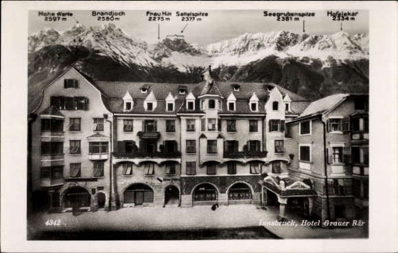 Ak Innsbruck in Tirol, Hotel Grauer Bär, Hohe Warte, Brandjoch, Frau Hitt, Sattelspitze, Hafelekar