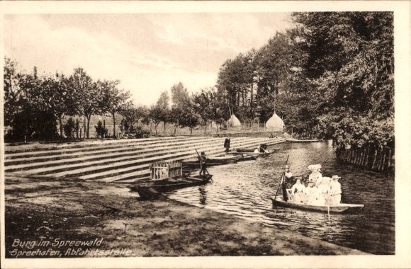 Ak Burg im Spreewald, natuur, water, boten, oever, bomen, vertrekpunt