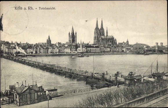 Kolonia nad Renem, widok całościowy, rzeka, most, statki