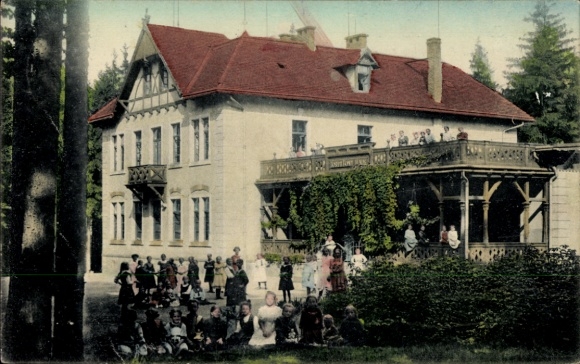 Postcard Klingenberg in the Ore Mountains of Saxony, Joseph Bondi House, people in traditional costumes, garden, balcony, Gr