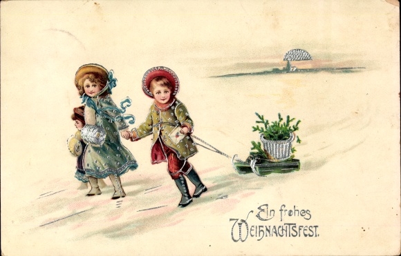 Glitter Postcard congratulations Christmas, children, gifts, sleigh