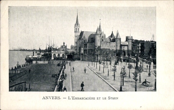 Ak Antwerpen Vlaanderen, pier, gebouwen, water, bomen, mensen