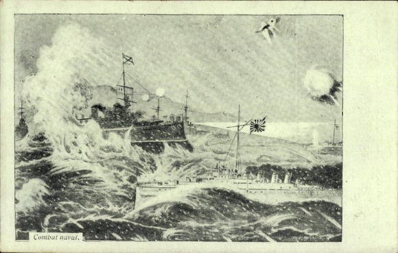 Postcard Russian Japanese War, battleships in combat, battle scene