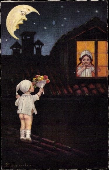 Artist PC Colombo, E. Lovers, bouquet of flowers, moon face