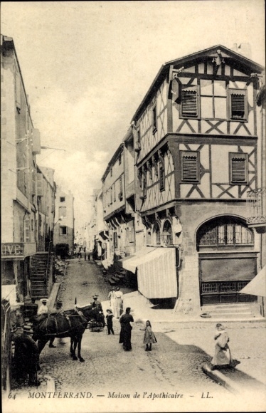 Picture Montferrand Gironde, street with pharmacy, horse, people, building