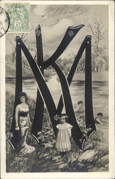Letters Postcard K and M, women in water, river, girl