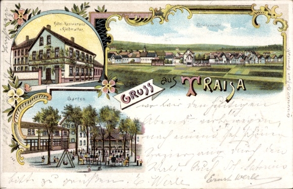 Chromo-Litho Traisa Mühltal in the Odenwald Hesse, Hotel and Restaurant Riedmatter, total view