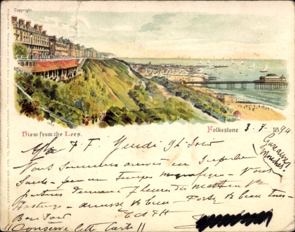 Litho Folkestone Kent England, View from the Lees