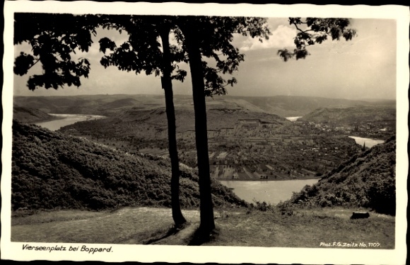 Postcard Boppard am Rhein, Vierseenplatz, river landscape, trees, photography