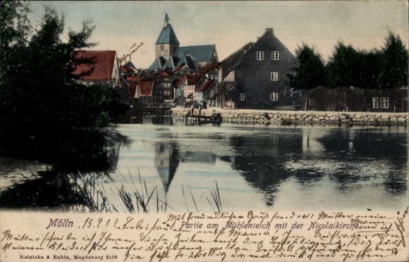 Postcard Mölln in the Duchy of Lauenburg, view of the mill pond, St. Nicholas Church, picturesque houses, ...