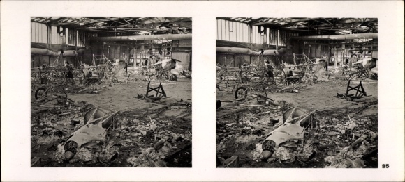 Stereo spatial image photo &quot;The Battle in the West&quot; No. 85 French destroyed by Stukas. airplane shed