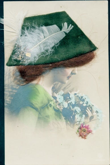 Cloth Postcard Profile view of a woman, cloth hat, feather, bouquet of flowers