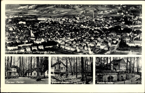Postcard Forchheim in Upper Franconia Bavaria, aerial view of Kaiser-Keller, Kaiser Keller, forest view