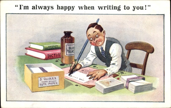 Artist Postcard Man writes a letter, ink stains on his face