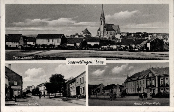 PC Saarwellingen in the district of Saarlouis, Adolf Hitler Platz, Bahnhofstrasse, total view of the place