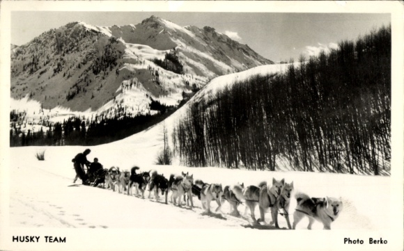 Ak Aspen Colorado USA, sneeuwlandschap, husky's, sleeën, bergen