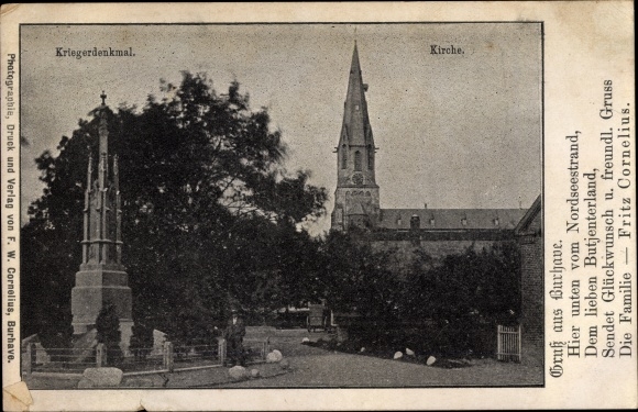Postcard Burhave Butjadingen Wesermarsch, war memorial, church