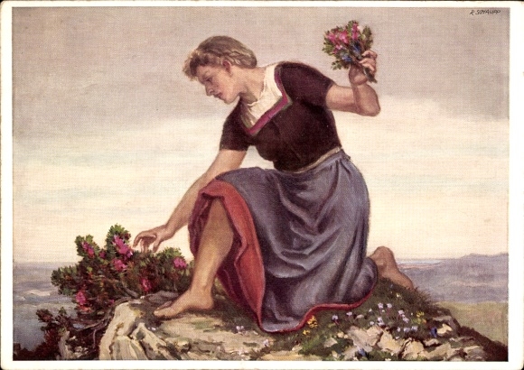 Artist Postcard Schaupp, R., Young woman picking flowers