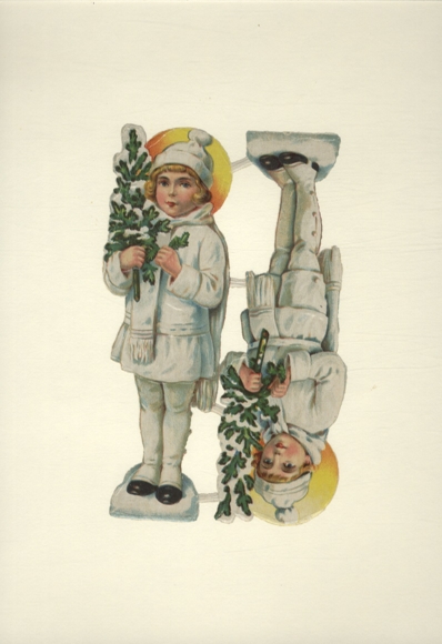 Oblate block of 2 snow children with fir trees, size approx. 18.5 x 11 cm