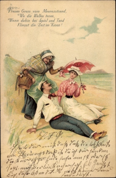 Chromo-Litho lot on the beach, couple sitting on the beach, older lady would like to sell something