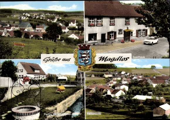 Coat of arms Postcard Magdlos Flieden in the Fulda district in Hesse, general view, inn*, Magdlos water