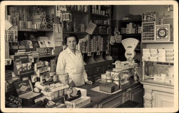 KP ze zdjęciem Frankfurt nad Odrą, sklep z towarami kolonialnymi, filia P. Zimmer, Neuer Markt 5, Waage, 1938