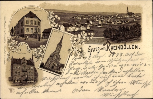 Chromo-Litho Rheinböllen in the Hunsrück, Inn zum Schwan, town hall, church, total view
