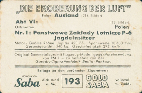 Collector's card The Conquest of the Air Dept. VI Poland No. 1, Panstwowe Zaklady Lotnicze P-6 single-seater fighter
