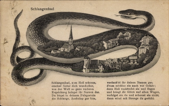 Postcard Schlangenbad in the Taunus Hesse, snakes, church, city view, lyrical text about healing