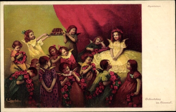 Artist Postcard Birthday in Heaven, Congratulations, Children, Angels, Cake