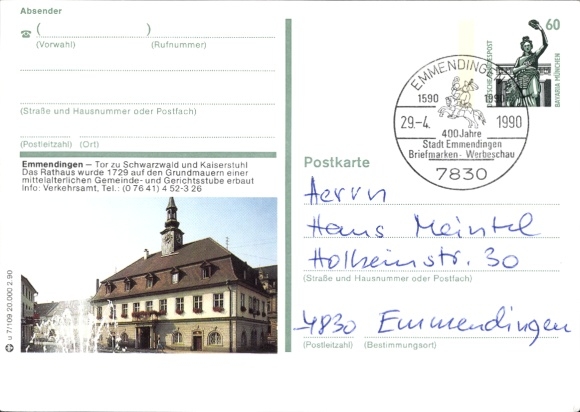 Postwaardekaart Emmendingen in Baden, markt met stadhuis en fontein