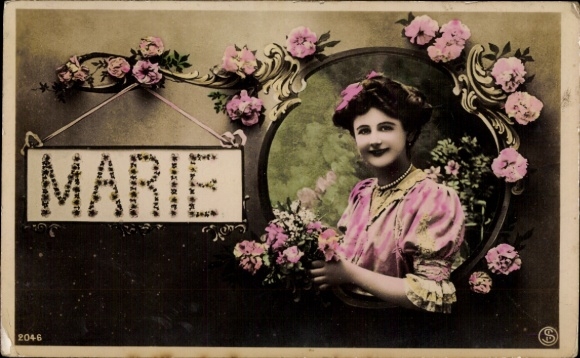 Letters Postcard Marie, Woman, Portrait, Flowers