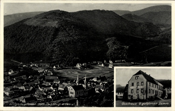 Postcard Wilgartswiesen in the Palatinate, aerial photograph, Gasthaus zum goldenen Lamm