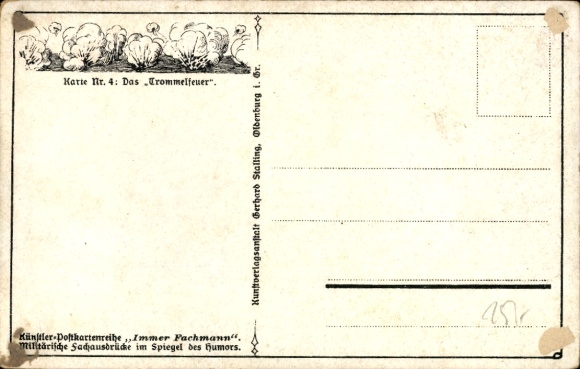 Artist Postcard Always Expert, Military Terms No. 4, Drum Fire, Soldiers
