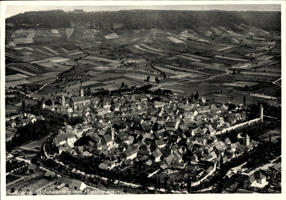 Postcard Iphofen in Lower Franconia, aerial view of Schwanberg, surrounded by fields
