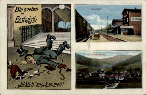 Postcard Bestwig in Sauerland, total view, train station