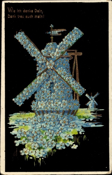 Postcard As I think yours, think mine too, windmill, forget-me-nots