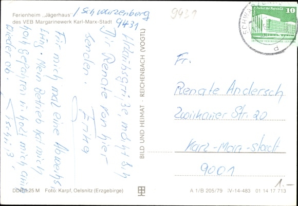 Postcard Jägerhaus Bermsgrün Schwarzenberg in the Ore Mountains, holiday home VEB Margarinewerk KM-Stadt