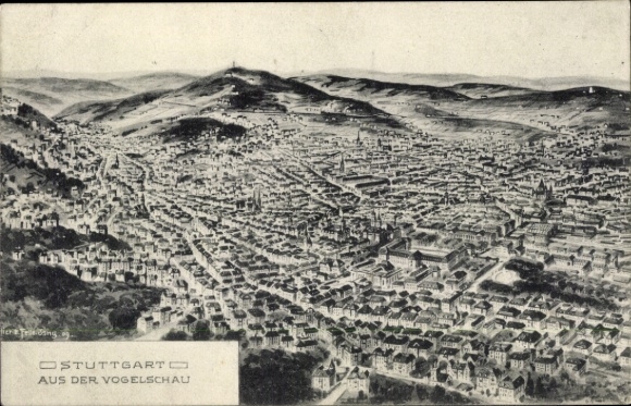 Artist Postcard Felle, Eugen, Stuttgart in Württemberg, general view from a bird's eye view