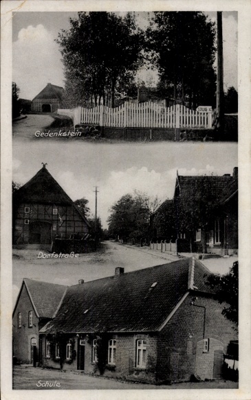 Ak Eyendorf Nedersaksen, gedenksteen, dorpsstraat, school, zwart-wit, landelijke motieven