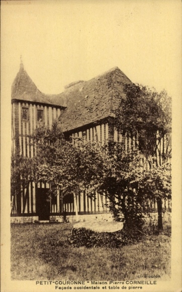 Ak Petit Couronne Seine Maritime, Maison Pierre Corneille Westliche Fassade und Steintisch